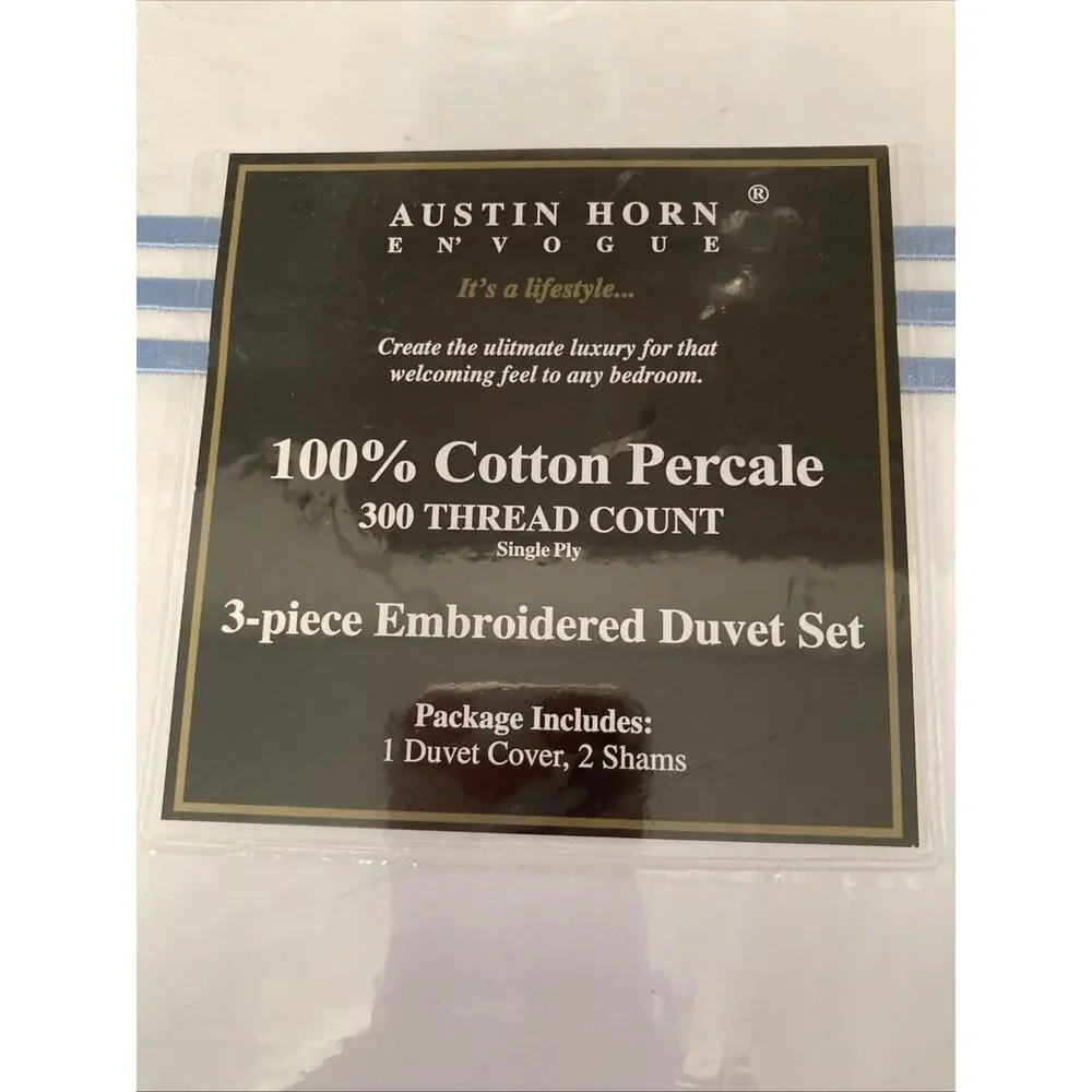 Austin Horn-Luxury Cotton Duvet Set blue embroidery/white cotton-Queen Cp. $150